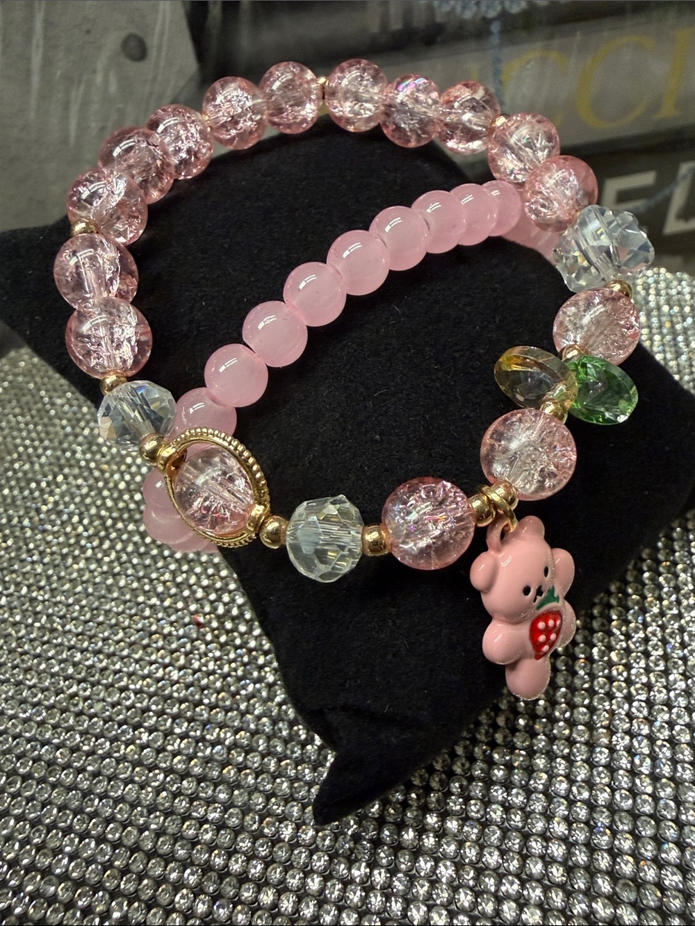 Pink Crystal & Bead Bracelet Set with Strawberry Bear Charm